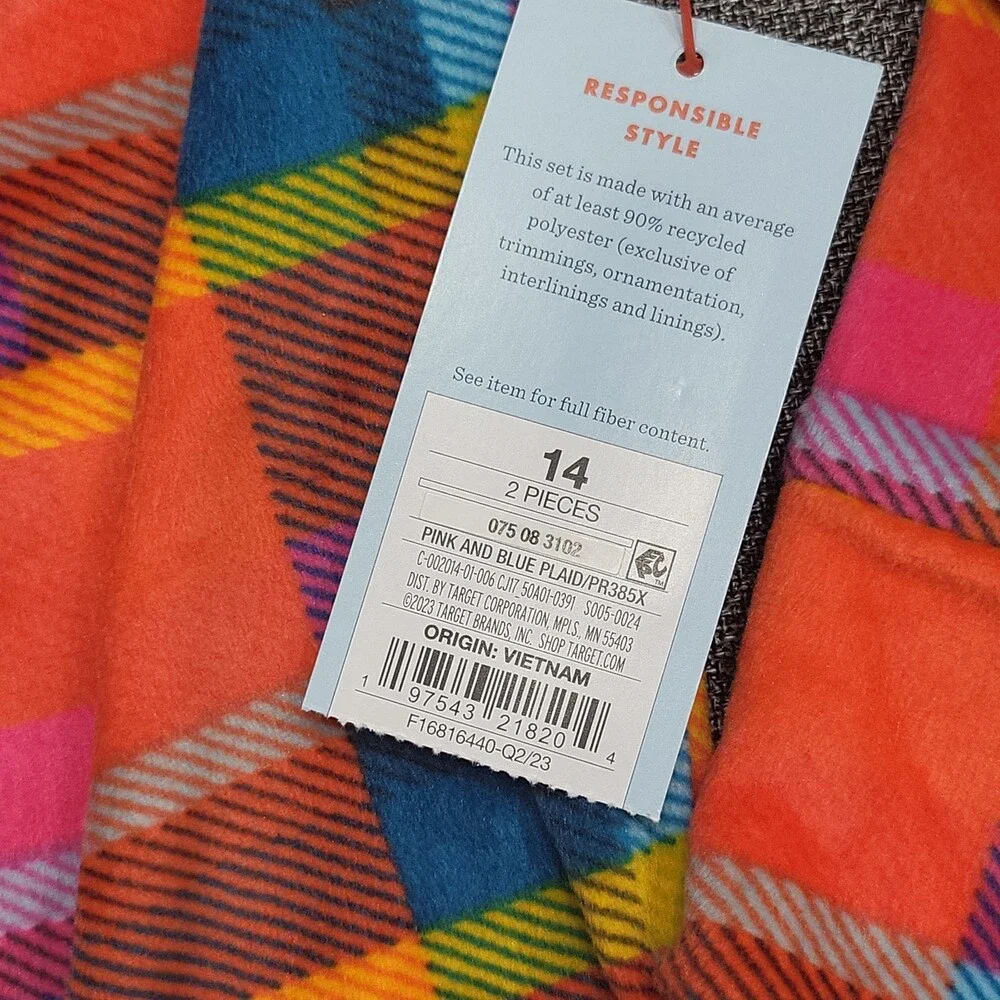 Cat & Jack Kids' Boys' Girls' Pajama Set Size 14 Pink Blue Plaid Snuggly Soft